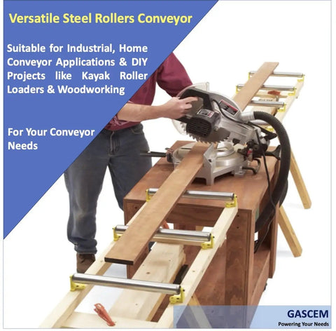 Pack of 4 Heavy Duty Long Roller Conveyors in use with saw at woodworking table, showcasing 16 inch galvanized steel tubes.