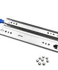 Heavy Duty Ball Bearing Drawer Slides Full Extension Steel Runners With Rubber Guard, chrome finish with blue handles and steel balls.