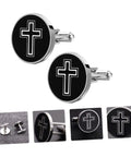 Cross Pattern Cufflinks For Men Elegant Shirt Fasteners For Formal Wear And Casual Outfits Perfect For Weddings And Special Occasions Stylish Accessory With Religious Cross Design, black metal alloy cufflinks close-up on gray surface