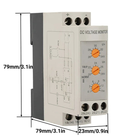 Front view of Voltage Monitoring Relay With Adjustable Over And Under Voltage Protection Delay Timer 35mm DIN Rail Mount DC 24V