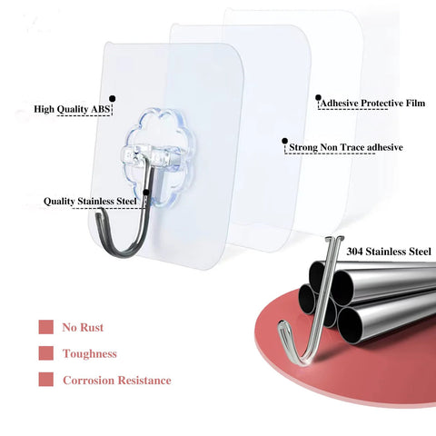 24 Pack Heavy Duty Self Adhesive Hooks Transparent Reusable Waterproof Wall Hangers For Kitchen Towels Curtains Bathroom Coats And Shower Doors No Damage Easy To Install Removable Without Residue, showing stainless steel hook with ABS back