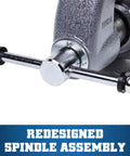 Beefy Pro Grade Bench Vise 4-1/2 Inch Jaw, 3-1/2 Inch Opening, 3-1/4 Inch Throat, 60,000 PSI Ductile Iron Body With Enclosed Lubrication, Heavy-Duty Anvil For Rugged Metalworking And Smooth, Long Lasting Operation spindle assembly close-up