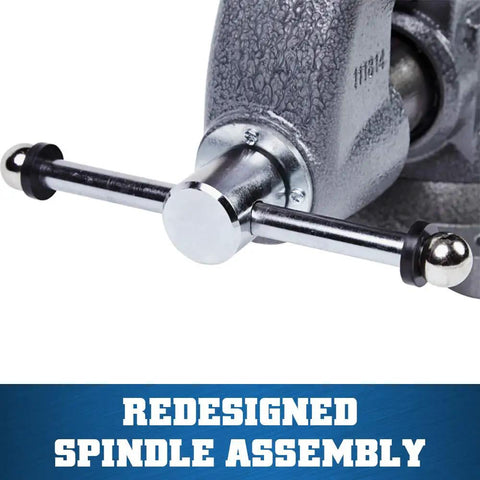 Beefy Pro Grade Bench Vise 4-1/2 Inch Jaw, 3-1/2 Inch Opening, 3-1/4 Inch Throat, 60,000 PSI Ductile Iron Body With Enclosed Lubrication, Heavy-Duty Anvil For Rugged Metalworking And Smooth, Long Lasting Operation spindle assembly close-up