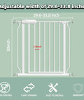 Extra Wide Baby Gate With Door Walk Through Easy Install Adjustable 38.5 To 43.3 Inches Ideal For Stairways And Doorways Indoor Outdoor Safe Gate For Toddlers And Pets Pet Friendly White, white gate on green background with dimensions shown