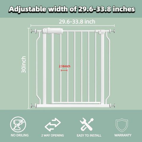 Extra Wide Baby Gate With Door Walk Through Easy Install Adjustable 38.5 To 43.3 Inches Ideal For Stairways And Doorways Indoor Outdoor Safe Gate For Toddlers And Pets Pet Friendly White, white gate on green background with dimensions shown