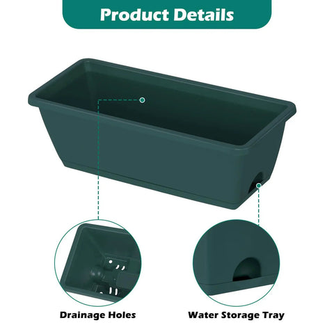 Four Pack Adjustable Railing Planter Boxes 16.9 Inch Window Flower Boxes With Metal Brackets For Balcony Fence Deck No Fuss Easy Install Indoor Outdoor Use Fits Railings Up To 4.9 Inches Detachable Support System Green