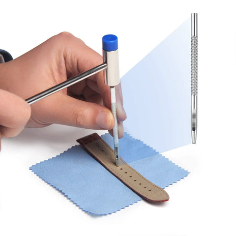 Using Watch Link Removal Kit With Leather Strap Punch And Durable Band Tool on watch strap with blue fabric base
