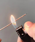 Close-up of a K-type thermocouple temperature probe with braided copper wire, 1 m long, held near a lighter flame