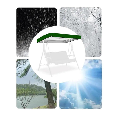 Beige Swing Canopy Replacement Top Cover For 2 To 3 Seater Porch Swing 84x48 Inches Waterproof All Weather Sun Shade Awning shown in various weather conditions.