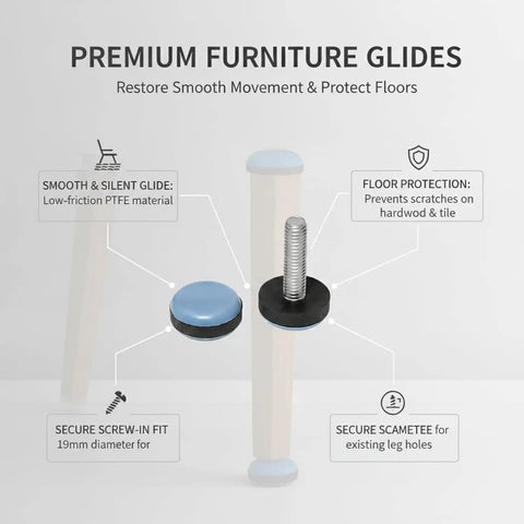 PTFE Screw-In Furniture Glides 0.75 Inch Round Blue Floor Protectors showing installation features and benefits for hardwood and tile