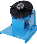 Heavy Duty Rotary Welding Positioner With Sturdy Three Jaw Chuck And Smooth Zero To Ninety Degree Tilt For No Sweat Seam Welding Runs, blue metal design with a robust circular base.