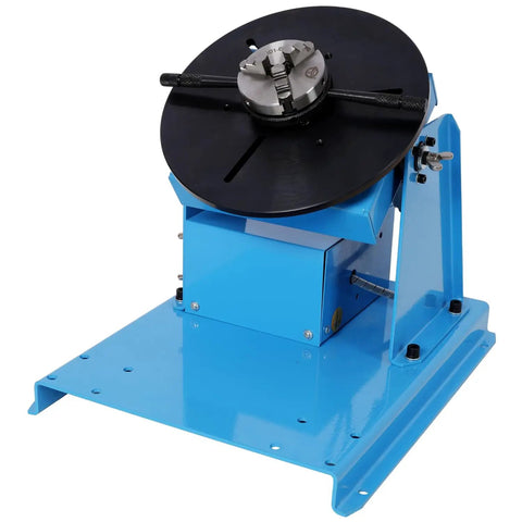 Heavy Duty Rotary Welding Positioner With Sturdy Three Jaw Chuck And Smooth Zero To Ninety Degree Tilt For No Sweat Seam Welding Runs, blue metal design with a robust circular base.