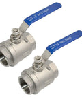 Two Pack Pro Grade 316 Stainless Steel 1.5 Inch Full Port Ball Valve With Heavy Duty Blue Vinyl Insulated Handle NPT Female To Female Threads 1000 WOG Serviceable Low Torque Ball Valve