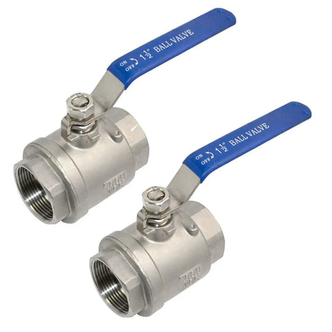 Two Pack Pro Grade 316 Stainless Steel 1.5 Inch Full Port Ball Valve With Heavy Duty Blue Vinyl Insulated Handle NPT Female To Female Threads 1000 WOG Serviceable Low Torque Ball Valve