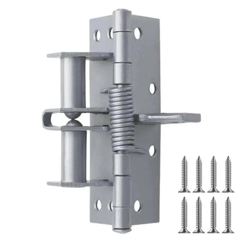 Heavy Duty Self Closing Spring Hinges For Doors And Gates No Brainer Install And Smooth Auto Close For Home And Commercial Use Sturdy Steel Construction Built To Last Reliable Hinged Hardware. Steel self-closing door hinge with screws, front view
