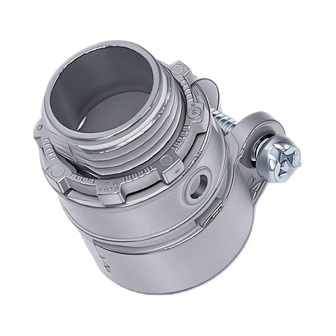 20 Pack Of 1/2 Inch Squeeze Connectors For Electrical Boxes Crafted From Zinc Alloy With Push In Installation And Durable Screw Locking Nuts close-up view of a connector with threaded opening.