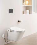 Next Level Bidet Toilet Seat Featuring Dual Warm Water Spray Plus Quick Air Dry Fan, sleek white finish mounted on wall.