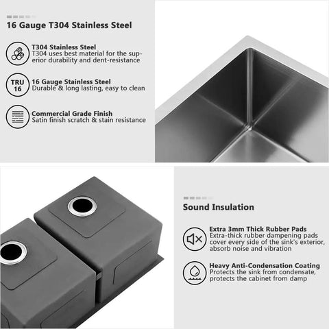 33 Inch Undermount Double Bowl Kitchen Sink Stainless Steel 16 Gauge Deep Basins With Cutting Board Rust Resistant Brushed Satin Finish Beefy Heavy Duty Design For Modern Kitchens showing close-up of corner and sound insulation features