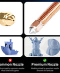 Comparison of common vs. premium nozzles for smoother 3D prints, showcasing Upgrade 0.4mm Hardened Steel Nozzles Kit For K1 SE K2 SE K1C K1 Max Ender 3 V3 Series Printers