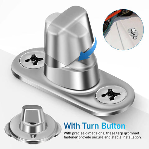 Stainless Steel Turn Button Fasteners Heavy Duty Canvas Tarp Grommet Hardware Kit Quick Release Silver Rivet close-up view.