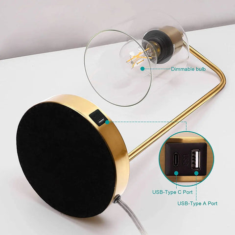 Golden Industrial Table Lamp With Two USB Ports And Glass Shade Vintage Desk Light Stepless Dimmable Bedside Reading Lamp