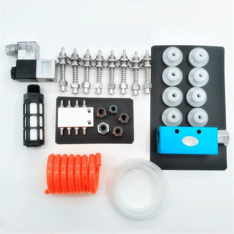 Heavy Duty Black Vacuum Cup Assembly Set With Industrial Manipulator Fittings Solidly Attached Air Exhaust And Solenoid Valve Tracheal Muffler kit components layout