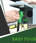 Heavy Duty 30 Amp 50 Foot RV Power Extension Cord With Locking TT-30P Male And L5-30R Female Connectors, Weather Resistant 10 Gauge 3 Wire STW Jacket, Durable Strain Relief For Campsites And RV Parks, green locking plug inserted into RV outlet