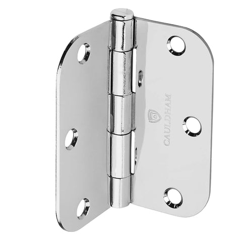 Heavy Duty Three And A Half Inch Interior Door Hinges Twelve Pack With Five Eighths Radius Corners Polished Chrome Quiet Smooth Operation Pro Grade Steel Ideal For Solid Core Doors in polished chrome finish, showing hinge design and screw holes.