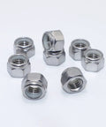 4-40 Nylock Nuts Set, 304 Stainless Steel Nylon Insert Lock Nuts, silver, arranged in a group for DIY auto and machinery projects.