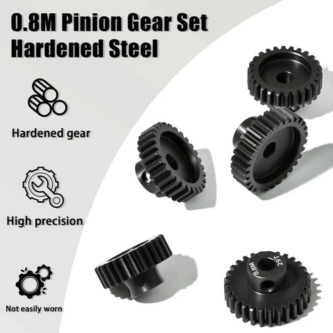 Five Piece 0.8M Hardened Steel Pinion Gear Set With 5mm Shaft And 26T 27T 28T 29T 30T For 1 To 10 Scale RC Cars Including Arrma HPI Losi Axial Traxxas Tamiya 540 550 Motors With M4 Screw And Hex Key showcased with symbols highlighting features like precision.
