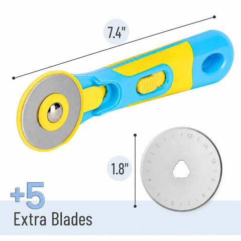 45mm Rotary Cutter Kit With One Extra Blade, Ergonomic Handle, A Real Workhorse With Ultra Sharp Steel Blades For Precise Fabric, Scrapbooking And Craft Cutting, Easy Grip, Smooth Cuts, Great For Quilting And DIY Projects, 45mm rotary cutter with 5 extra blades shown