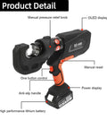 Top Shelf Hydraulic Cable Lug Crimper Pliers With Twelve Heavy Duty Dies showing OLED display and ergonomic handle for crimping tasks.