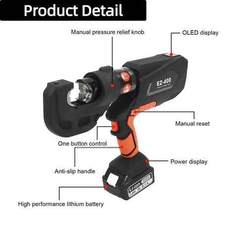 Top Shelf Hydraulic Cable Lug Crimper Pliers With Twelve Heavy Duty Dies showing OLED display and ergonomic handle for crimping tasks.