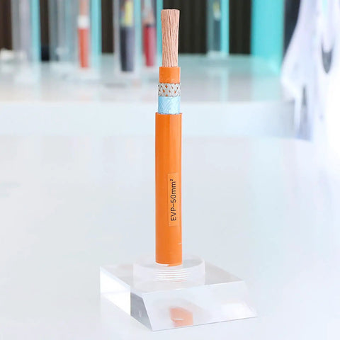 Heavy Duty Electric Power Cable 100 Foot Drop Featuring Xlpe Sheathing Dual Braid To Banish Noise And Pure Copper Core displayed on clear stand.