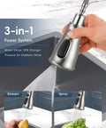 Two Hole Kitchen Faucet With Pull Down Sprayer In Brushed Nickel Finish showing 3-in-1 water modes over sink