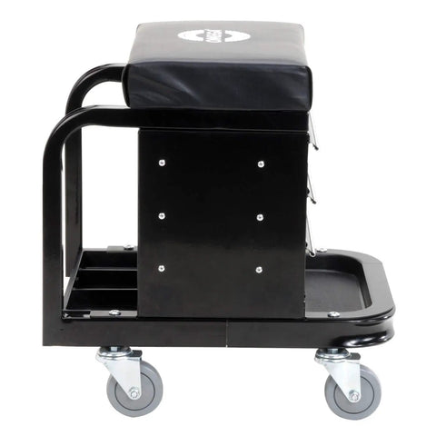 Side view of Mechanic Rolling Stool With Padded Seat And Three Drawer Tool Box For Garage Use With Pro Grade Ball Bearing Sliders.