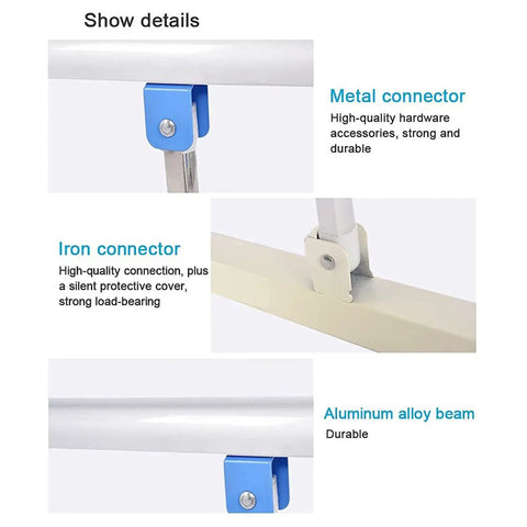 Detailed view of Sturdy Bed Assist Rail For Seniors One Hand Folding Bed Guard with metal and iron connectors, aluminum alloy beam.