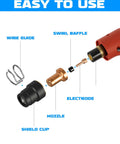Exploded view of Plasma Cutter Torch Consumables Kit For Cut 55L with electrodes, nozzles, shield cup, swirl baffle, and wire guide.