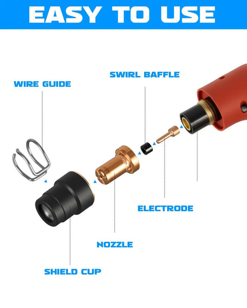 Exploded view of Plasma Cutter Torch Consumables Kit For Cut 55L with electrodes, nozzles, shield cup, swirl baffle, and wire guide.