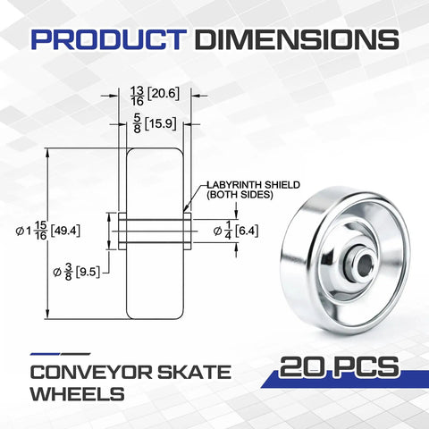 50 Pcs Metal Conveyor Skate Wheels Replacement Set For Flow Rail Systems Zinc Plated Steel Wheels For Gravity Rollers And Side Guides One Quarter Inch Bore Beefy And Easy Install, product dimension diagram