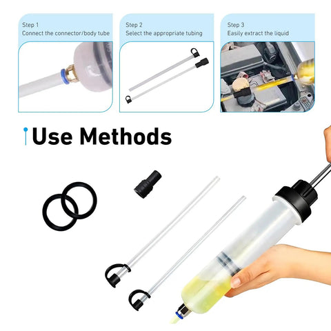 Smooth Operator Manual Oil Extractor Pump 200Cc Transparent Fluid Siphon showing use steps with tubing and extracting liquid.