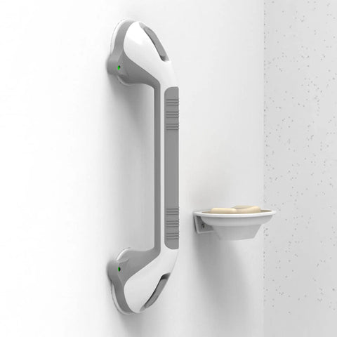 Suction Shower Grab Bar Set With Indicators No Drill Install 17 Inch Long Bathroom Balance Support Non Slip Grip White And Gray