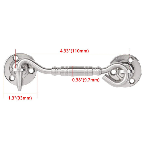 Two Pack Brushed Nickel Stainless Steel Hook And Eye Latch Four Inch Heavy Duty Barn Gate Door Lock measuring 4.33 inch.