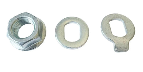 14mm Hub Motor Nut Kit for High Power E-Bikes and Scooters with steel locknut, serrated washer, anti-loosening washer.