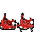 Rock Solid Top Tier Hydraulic Disc Brake Set Featuring Two Way Paddle Levers And Sturdy Aluminum Alloy Calipers, bright red finish.