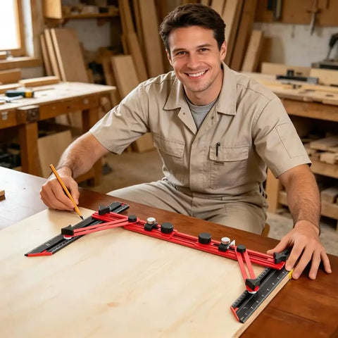 Kickass Precision Stair Tread Template Tool With Heavy Duty Locking Triangular Brace and Snappy Edge Flip Stops For Right On Target Woodworking Every Single Time in use by a carpenter.