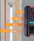 Heavy Duty Wall Scanner With Digital Depth Gauge And Hella Accurate Live Wire Detection For Drywall Installation, showing depth measurements for various materials.