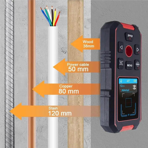 Heavy Duty Wall Scanner With Digital Depth Gauge And Hella Accurate Live Wire Detection For Drywall Installation, showing depth measurements for various materials.