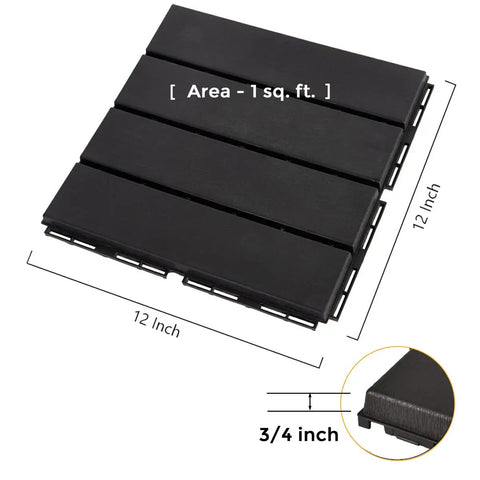 Interlocking Deck Tiles Waterproof Outdoor Flooring 12x12 Inches Gray 27 Piece Set with size details and open grid edges