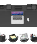 Top view of 5 In 1 Desk Pad Organizer Set With Large Mouse Pad, Phone Stand, Cup Holder, Pen Holder, Storage Box And Card Case.